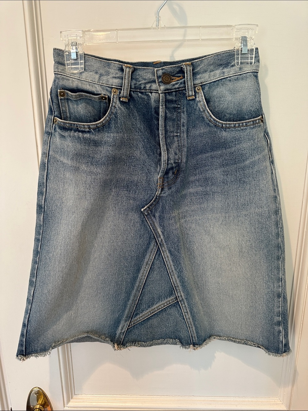 Saint Laurent Denim Mini Skirt with Asymmetrical Stitch Sz 34